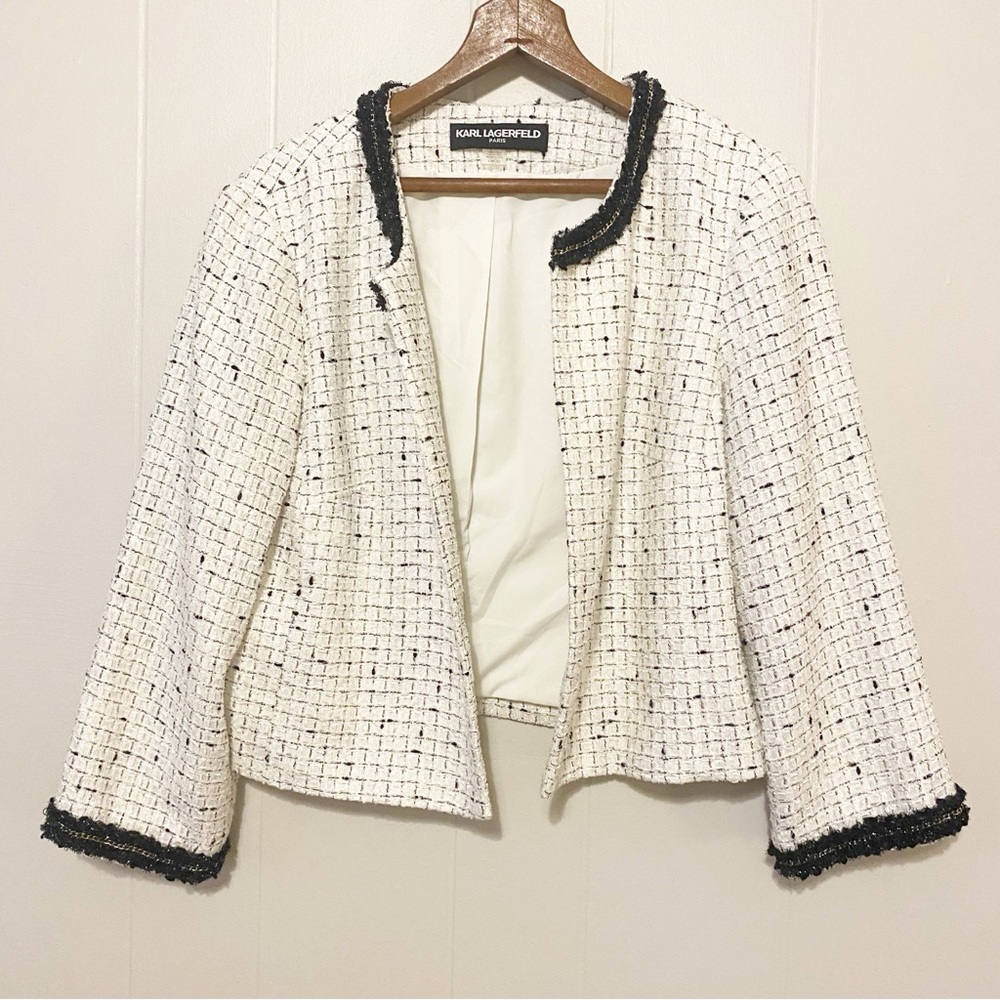 Karl Lagerfeld Paris Jacket Blazer L Open Front Cropped Tweed Fringe White Black